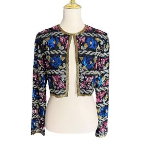 Vintage 80s Morgan Taylor Silk Sequin Jacket Size 6 Beaded Floral Bolero Evening